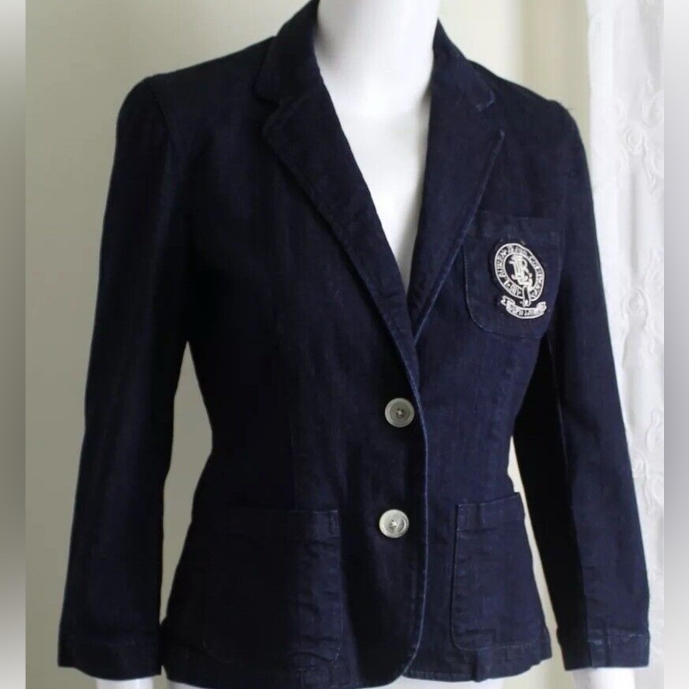 Ralph Lauren Navy blue denim blazer with silver Logo insignia NWT